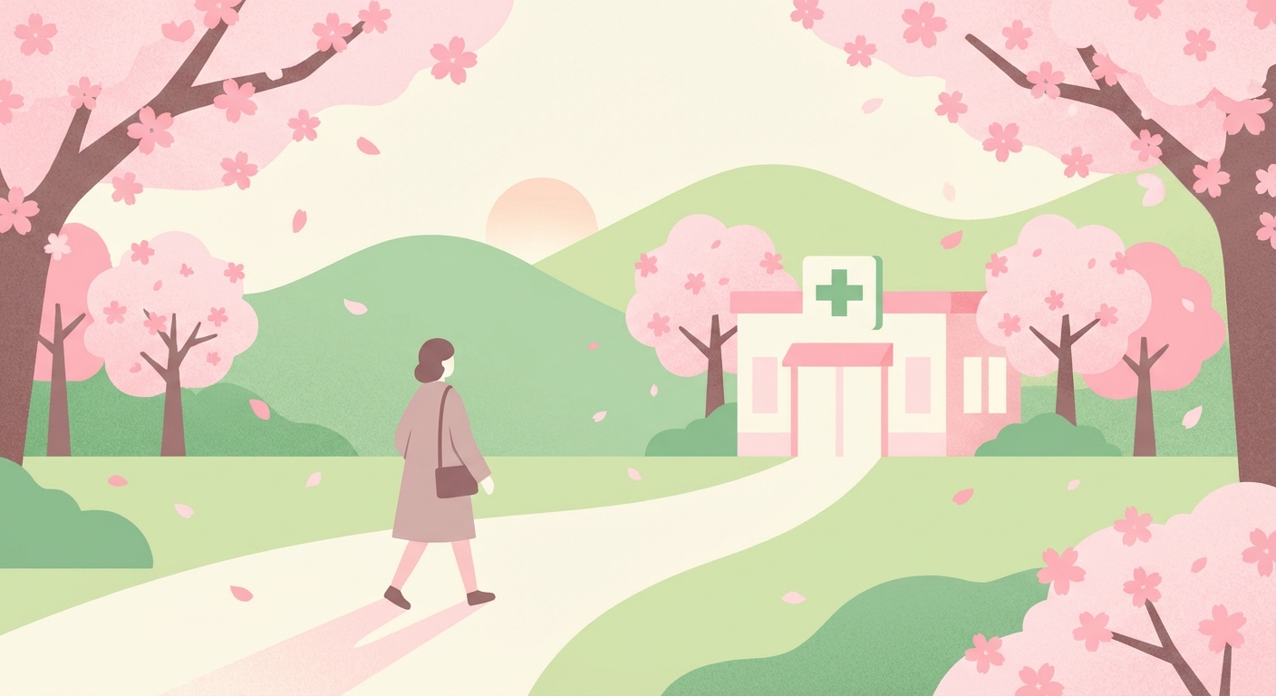 봄날 벚꽃 사이로 건강검진을 받으러 가는 모습