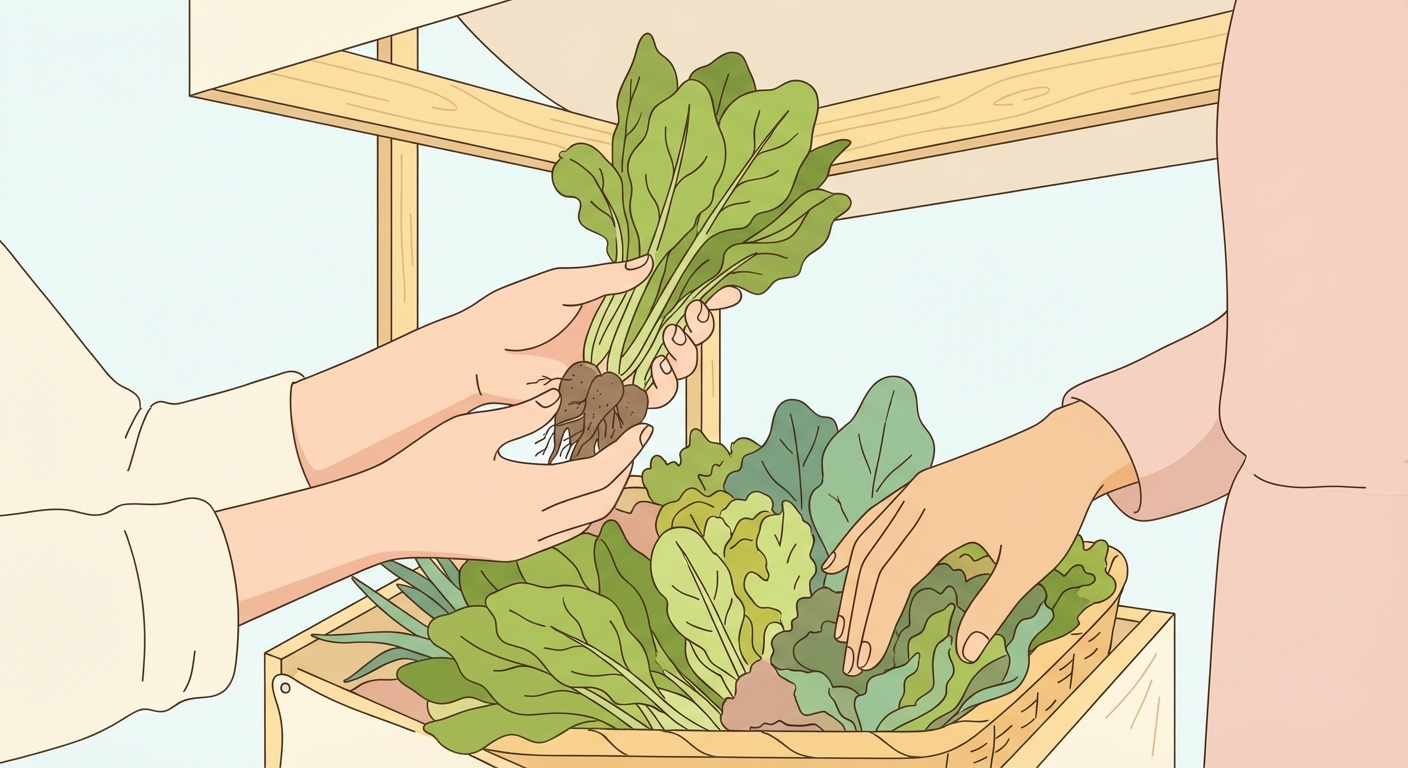 마트에서 싱싱한 봄나물을 골라 담는 모습