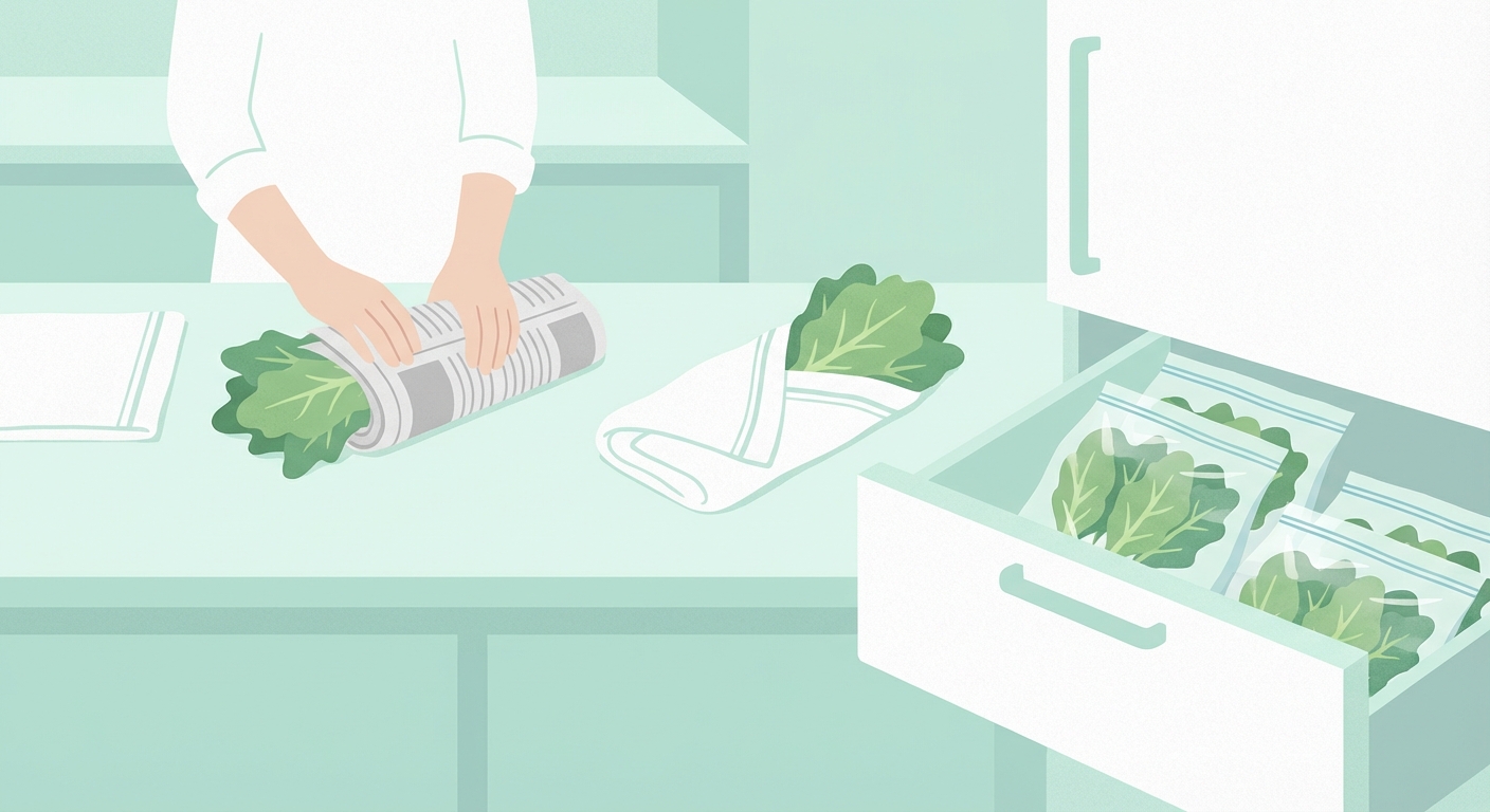 신문지와 키친타월로 감싸 냉장 보관하는 봄나물