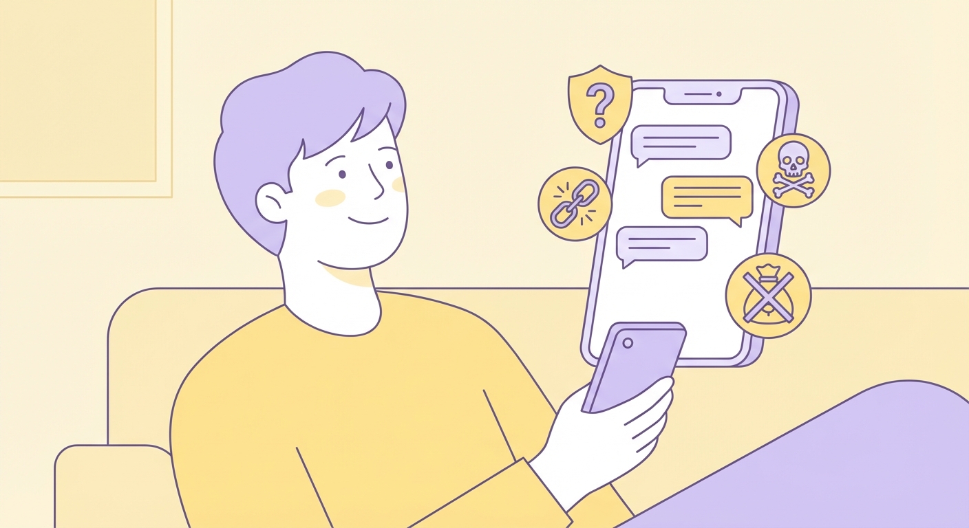 의심스러운 문자 메시지를 주의 깊게 살펴보는 모습