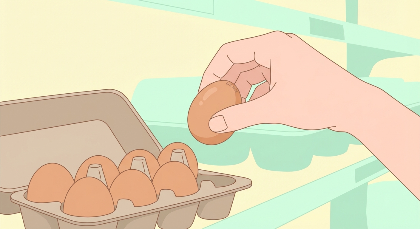 마트에서 산란일자를 확인하며 달걀을 고르는 모습