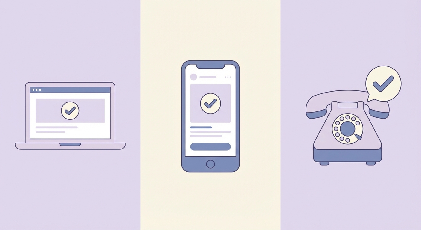 홈페이지, 앱, 전화 세 가지 확인 방법 일러스트