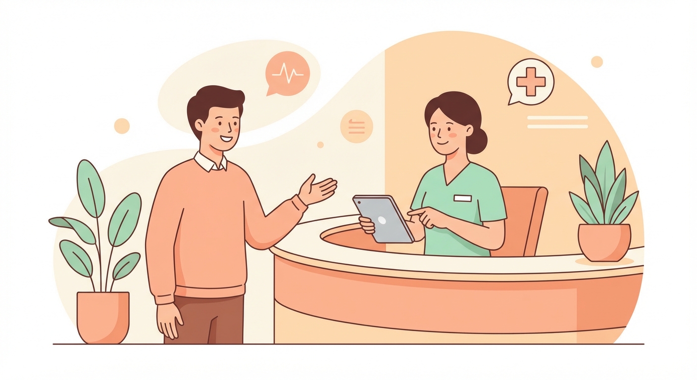 병원 접수 데스크에서 건강검진을 예약하는 모습