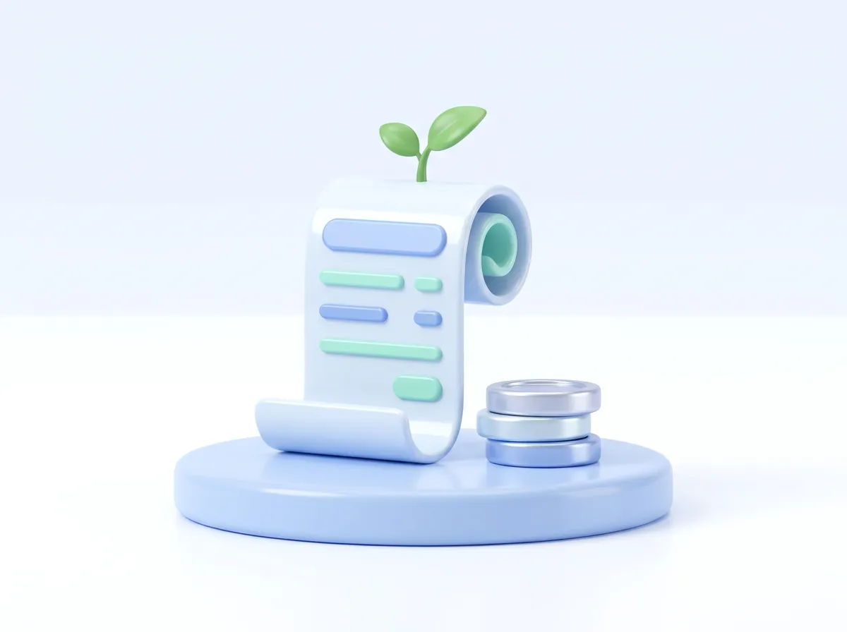전자영수증 탄소중립포인트를 표현한 3D 일러스트: 종이 영수증과 초록 새싹, 동전