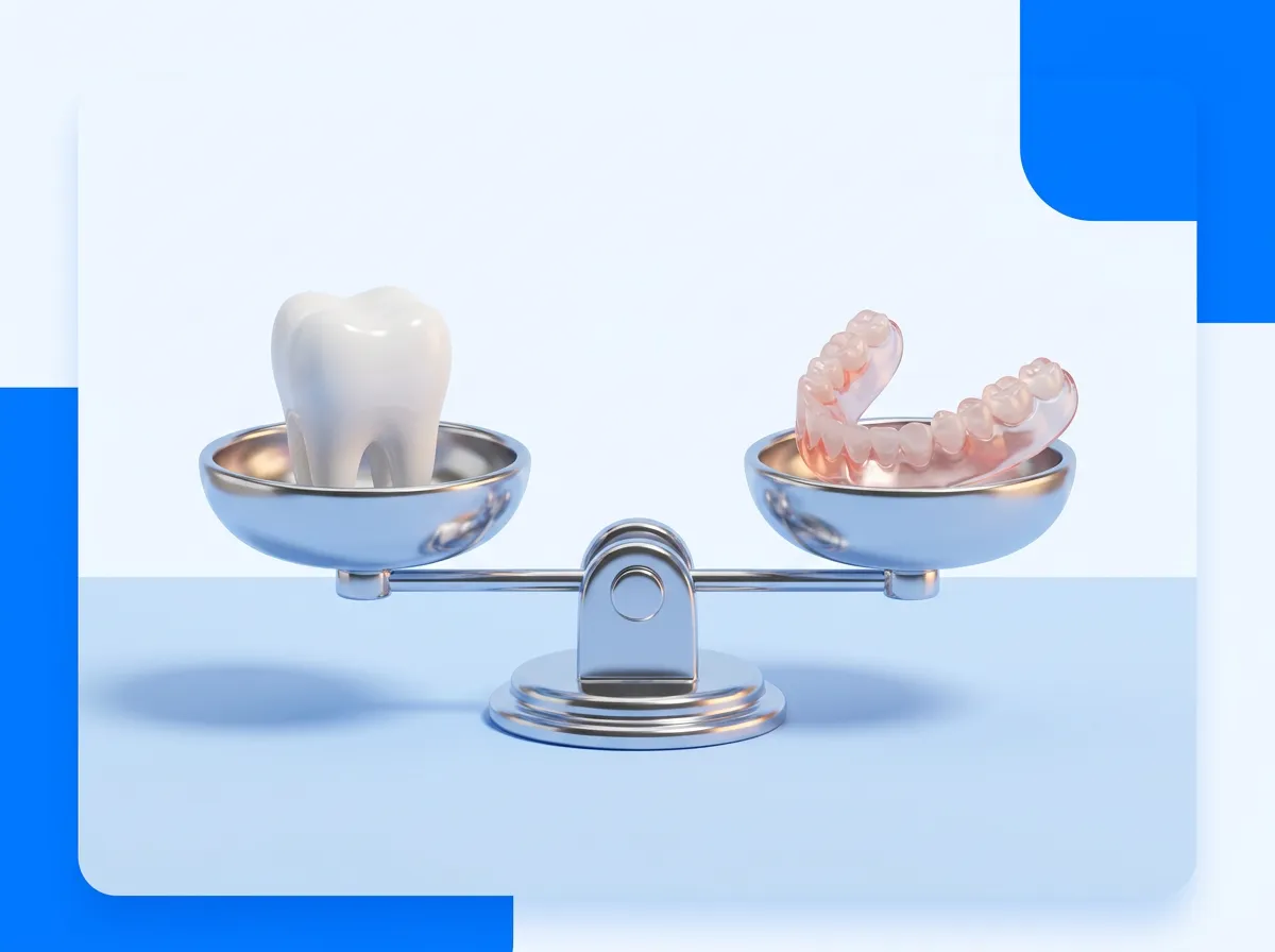 임플란트와 틀니 건강보험 본인부담금 비교를 표현한 3D 일러스트: 양팔 저울에 올린 치아 모형과 틀니