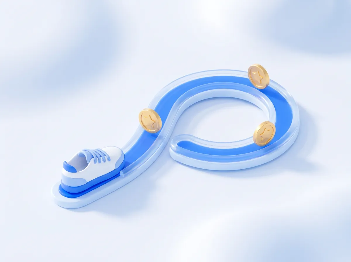 만보기 앱테크 걷기 보상을 표현한 3D 일러스트: 운동화 한 켤레와 동전, 돌돌 말린 영수증