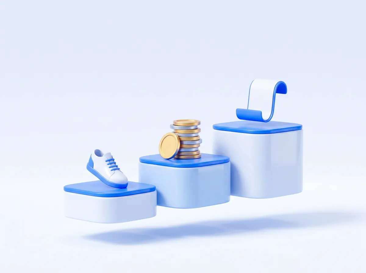 걷기 보상과 영수증 앱 비교를 표현한 3D 일러스트: 작은 받침대 위에 놓인 운동화와 동전 더미, 돌돌 말린 영수증