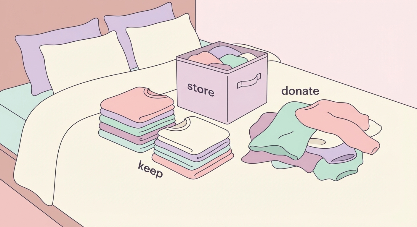 옷을 세 무더기로 나누어 정리하는 모습