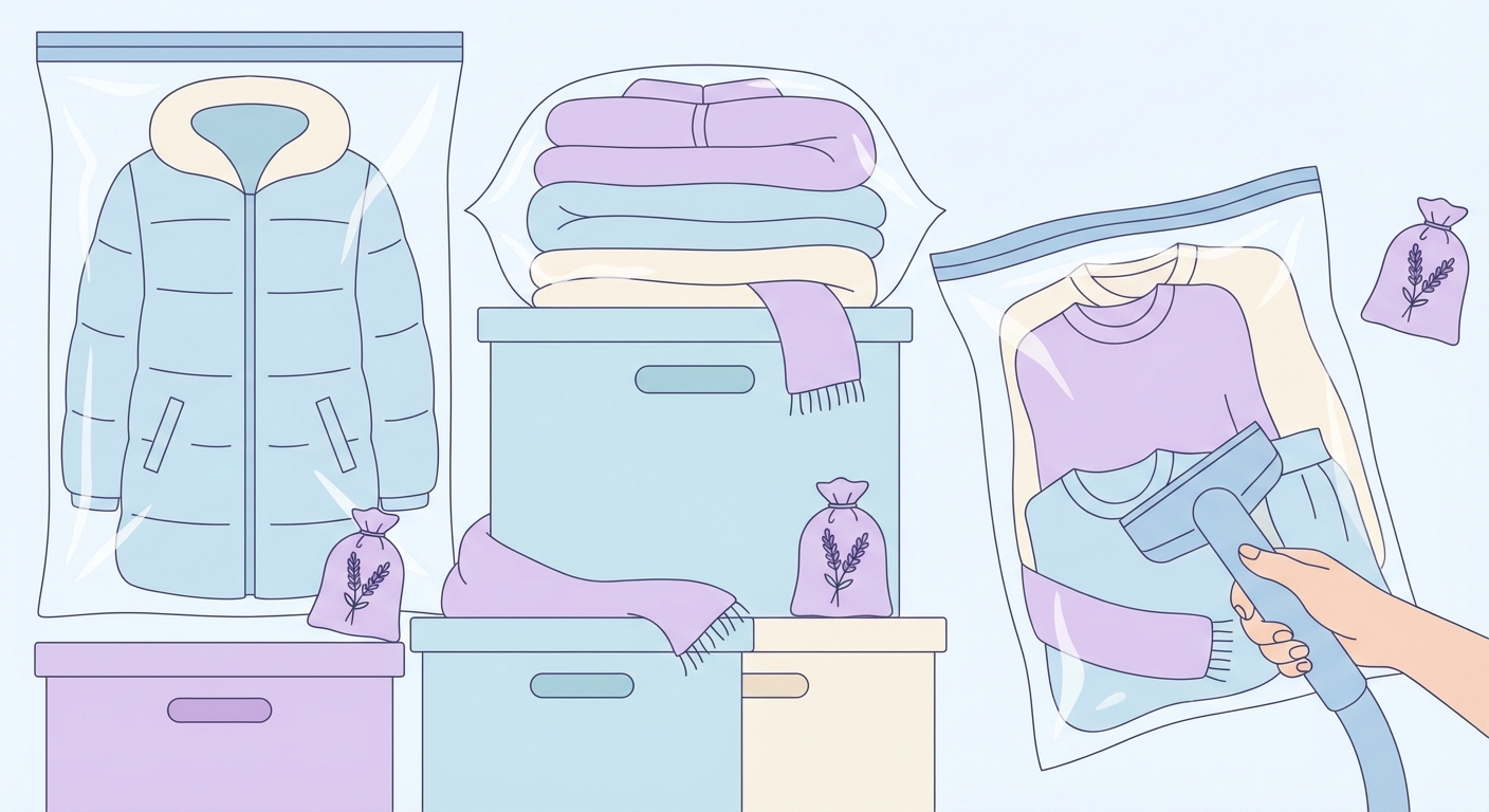 겨울옷을 압축팩과 보관 상자에 넣어 정리하는 모습