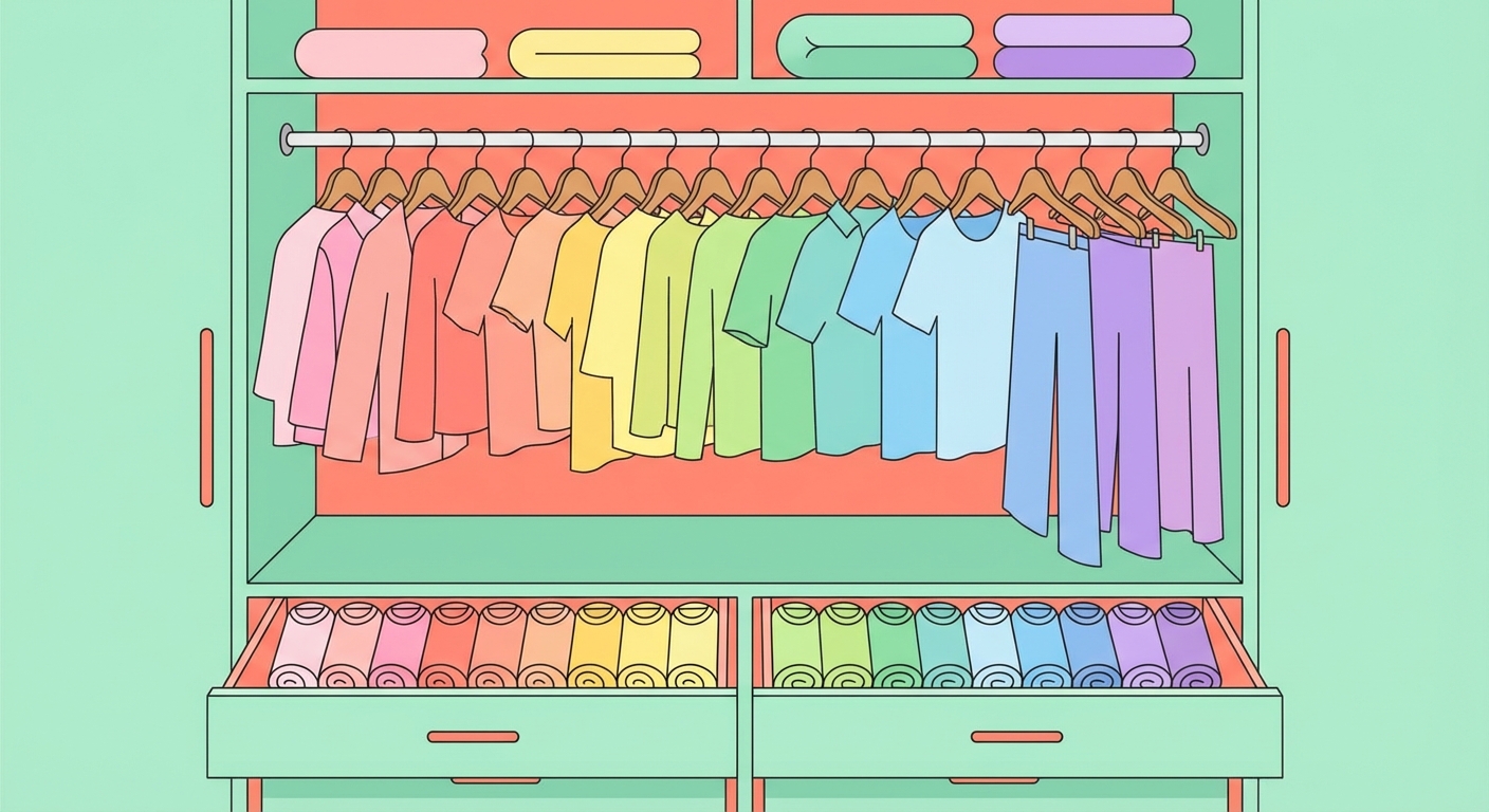 색상별로 깔끔하게 정리된 봄옷장