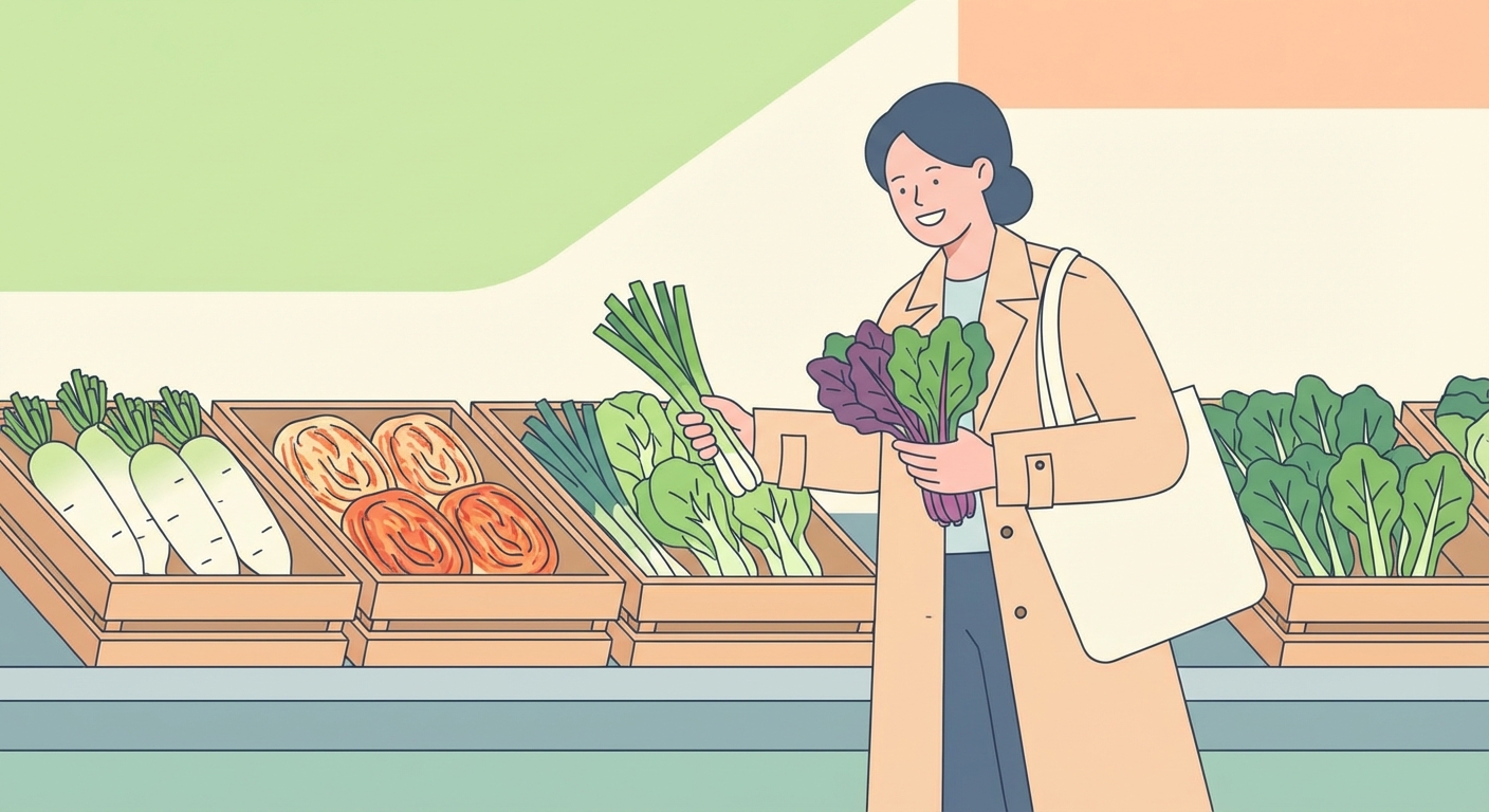 마트 채소 코너에서 봄나물을 알뜰하게 장보는 모습